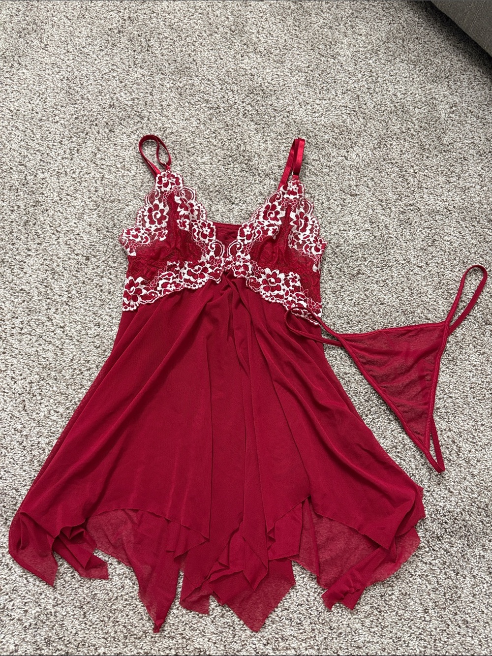 Red Lace-Trim Chiffon Chemise with Matching Thong